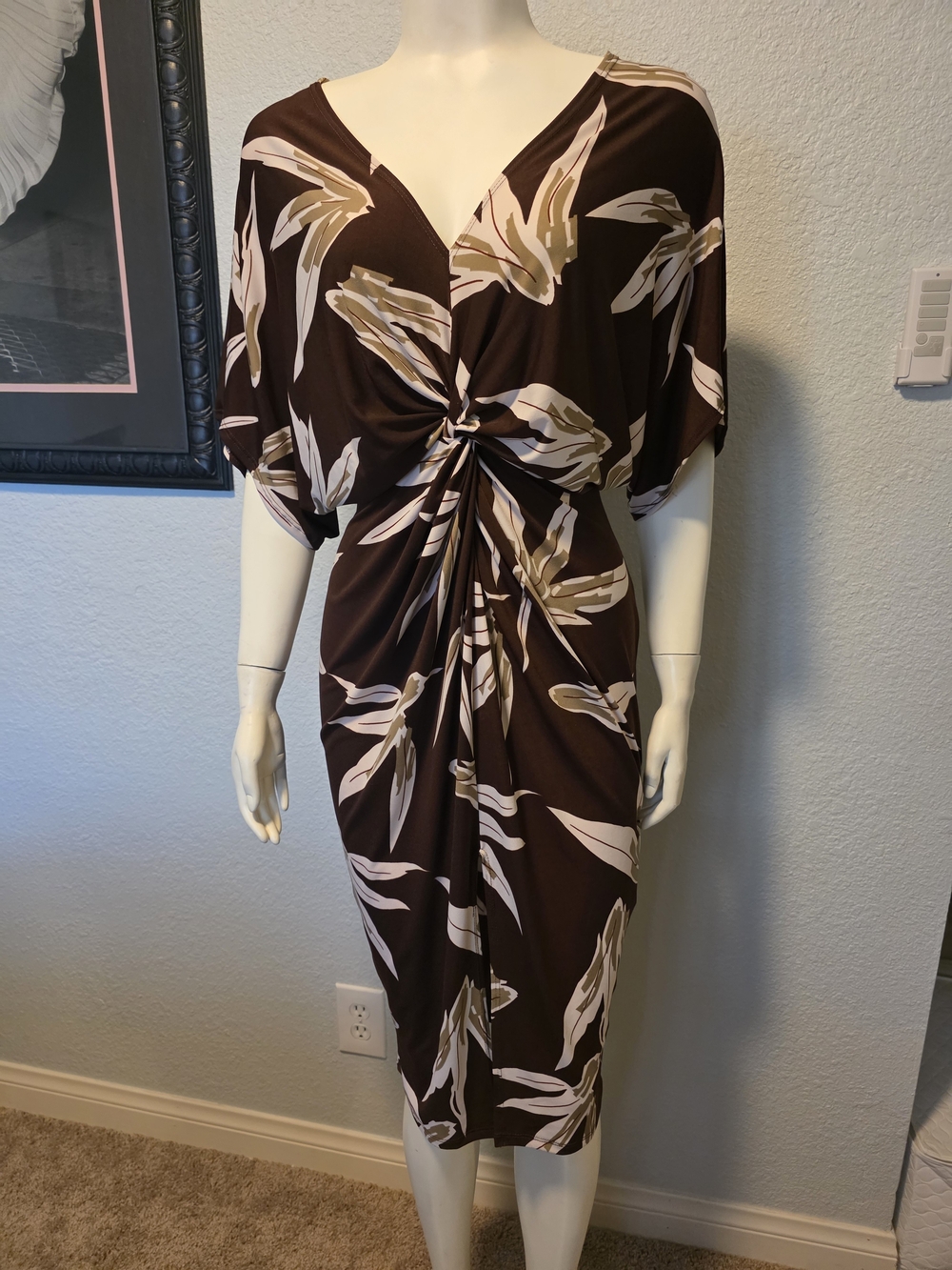 Lovely Day Brown Botanical Twist-Front Midi Dress